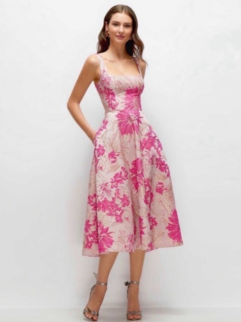 DESSY COLLECTION CELINE · STYLE 3172HPJ· HIBISCUS PINK FLORAL JACQUARD DRESS